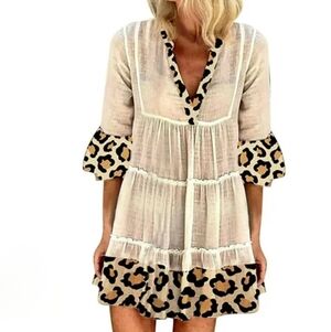 Leopard-Trim Tunic Ruffle Dress Size S Cotton Beige 2615-S